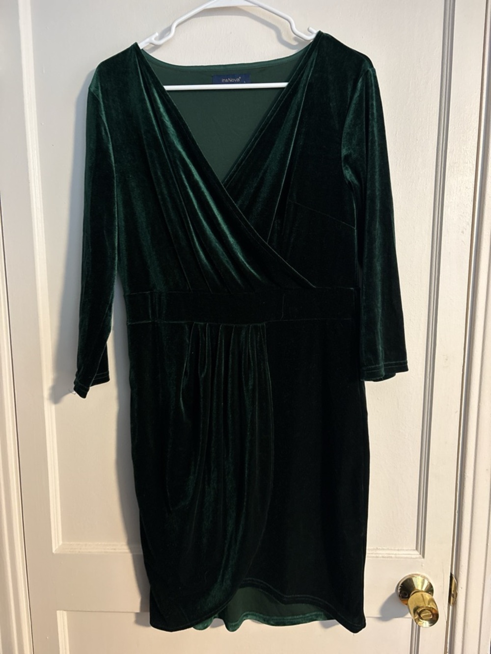 Deep Green Velvet Wrap-Style Long Sleeve Dress
